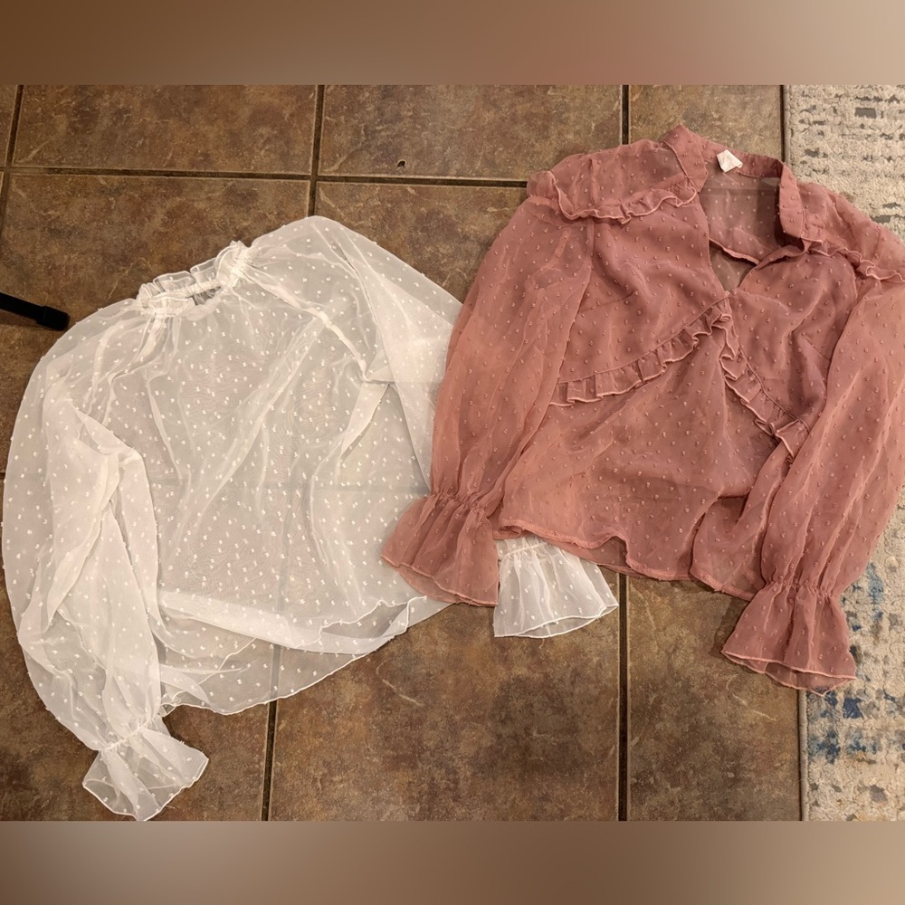 Sheer White and Rusty Pink Ruffle Blouses